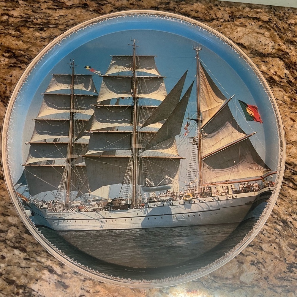 Vintage round metal service tray with sailboat picture by Jo Gauthier